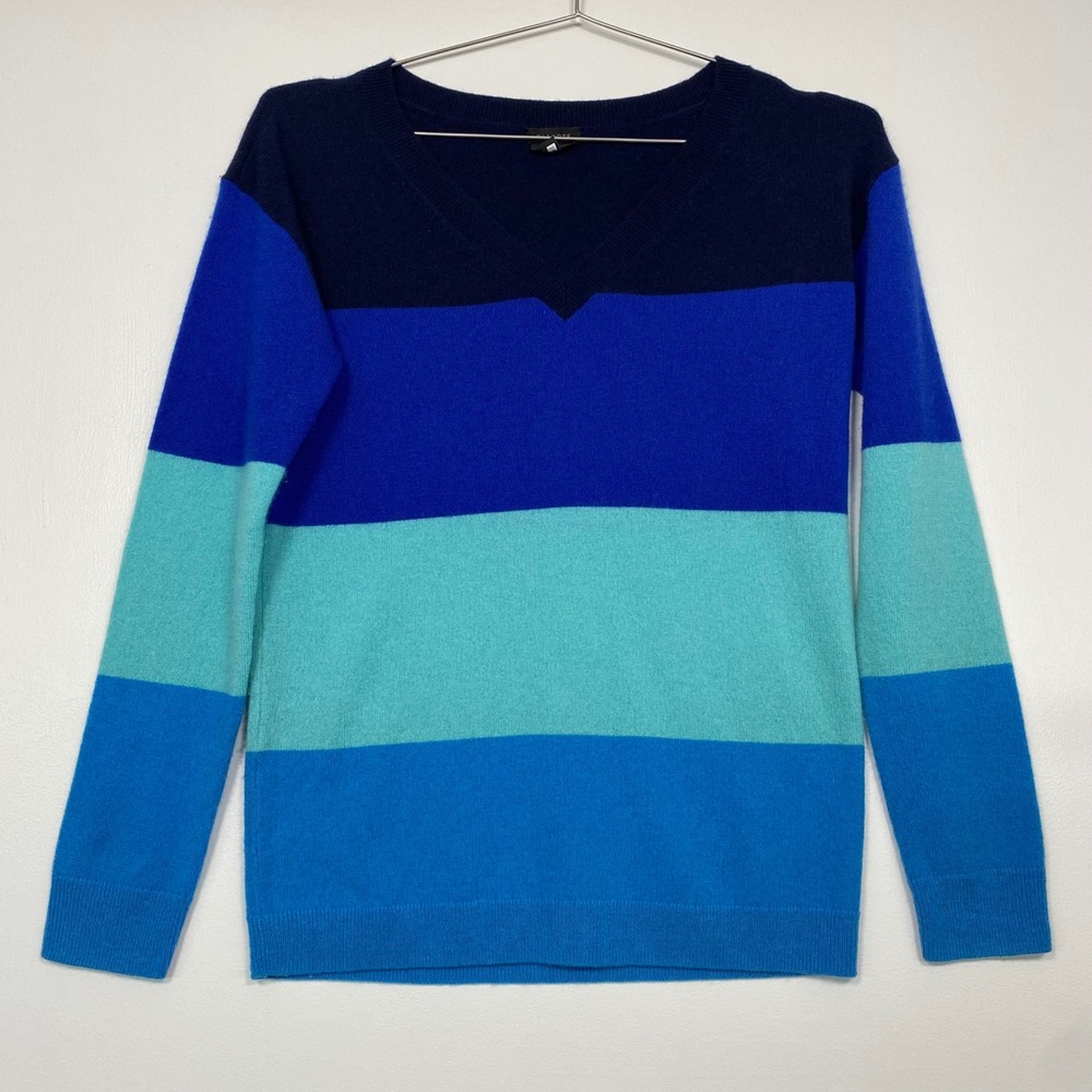 Talbots Womens Sweater XS‎ Blue Colorblock V-Neck 100% Cashmere Long Sleeve